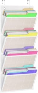 Over the door file organizer with four bamboo pockets, each holding file folders of different colors.