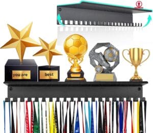 Trophy shelf with hooks for ribbons and medals