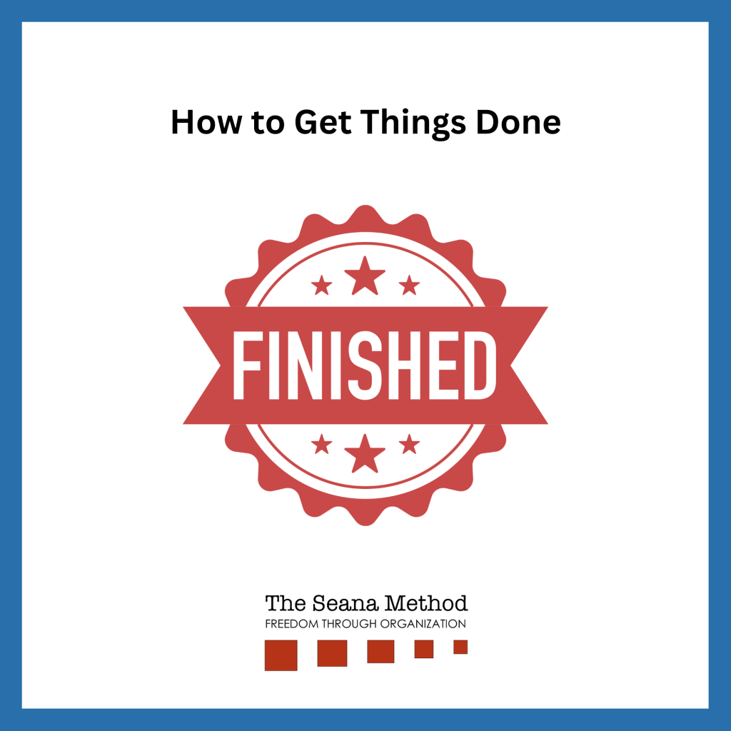 A red graphic of an award with the word "finished" in the middle, How to Get Things Done