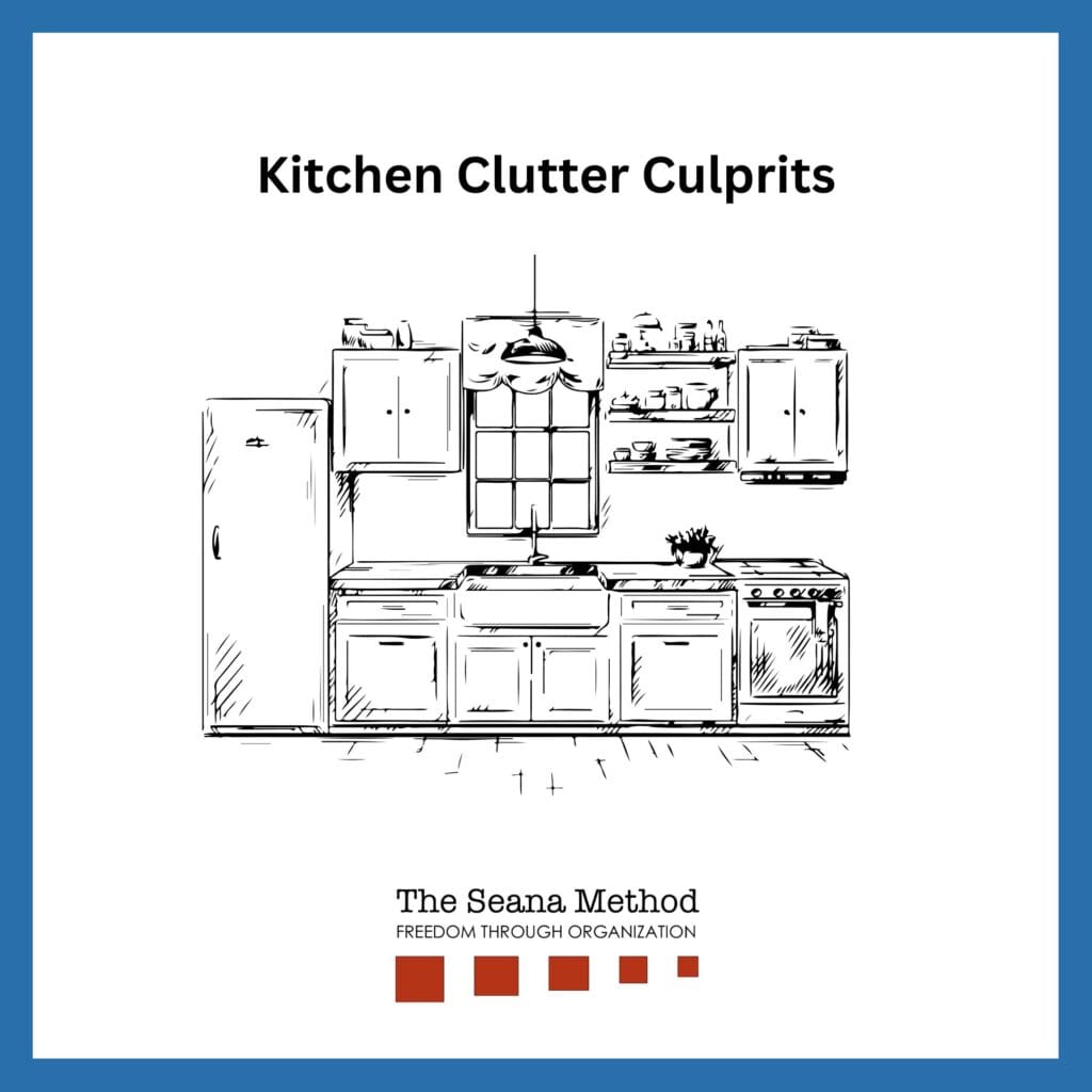 Kitchen Clutter Culprits. Black and white ink drawing of a kitchen counter and cabinets with a window in the middle over the sink.