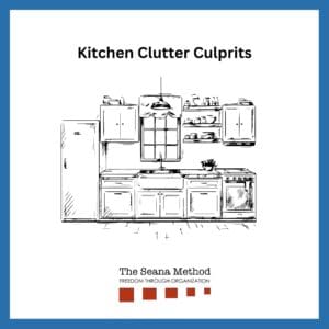 Kitchen Clutter Culprits. Black and white ink drawing of a kitchen counter and cabinets with a window in the middle over the sink.