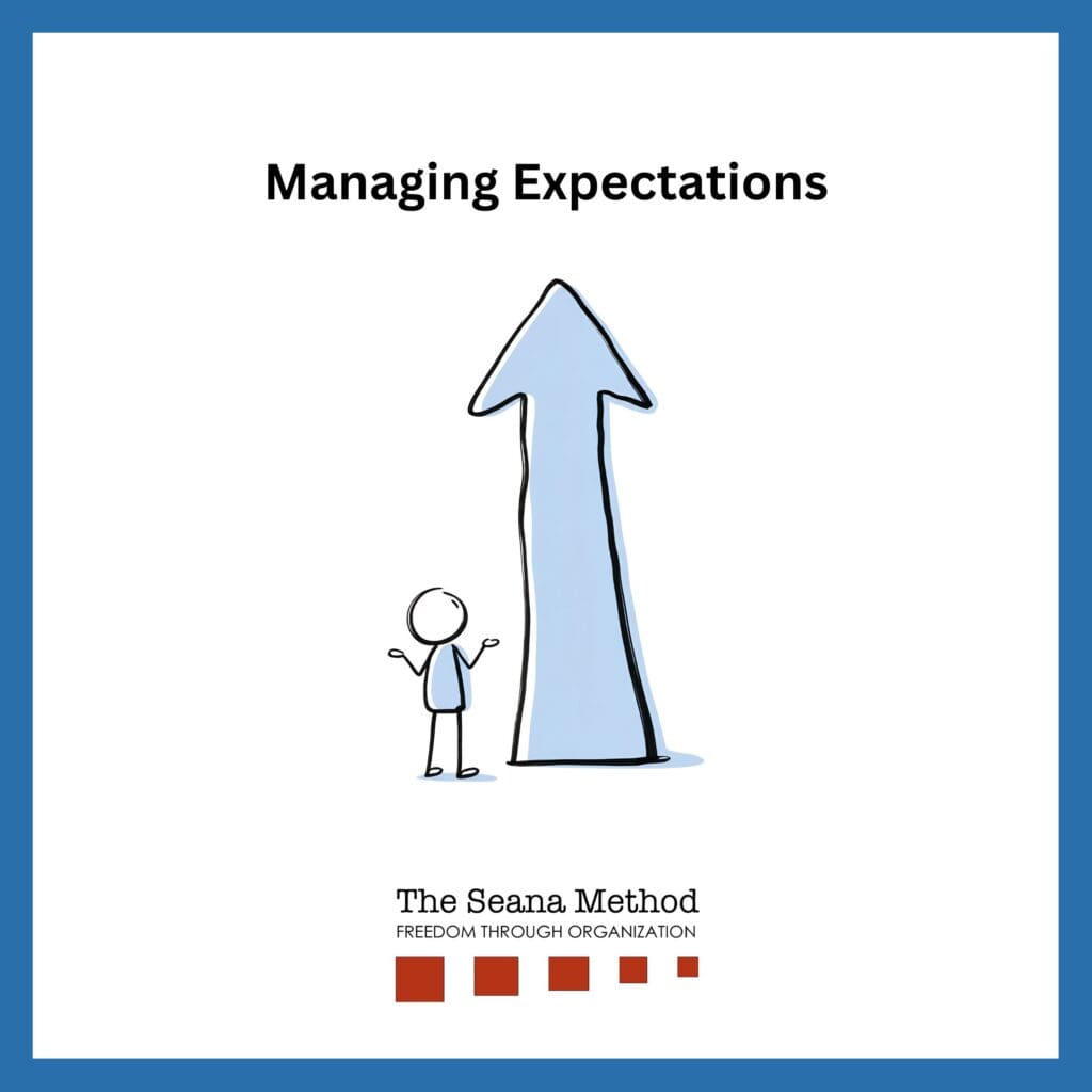 Managing Expectations Graphic of a stick figure looking at a giant arrow pointing up.