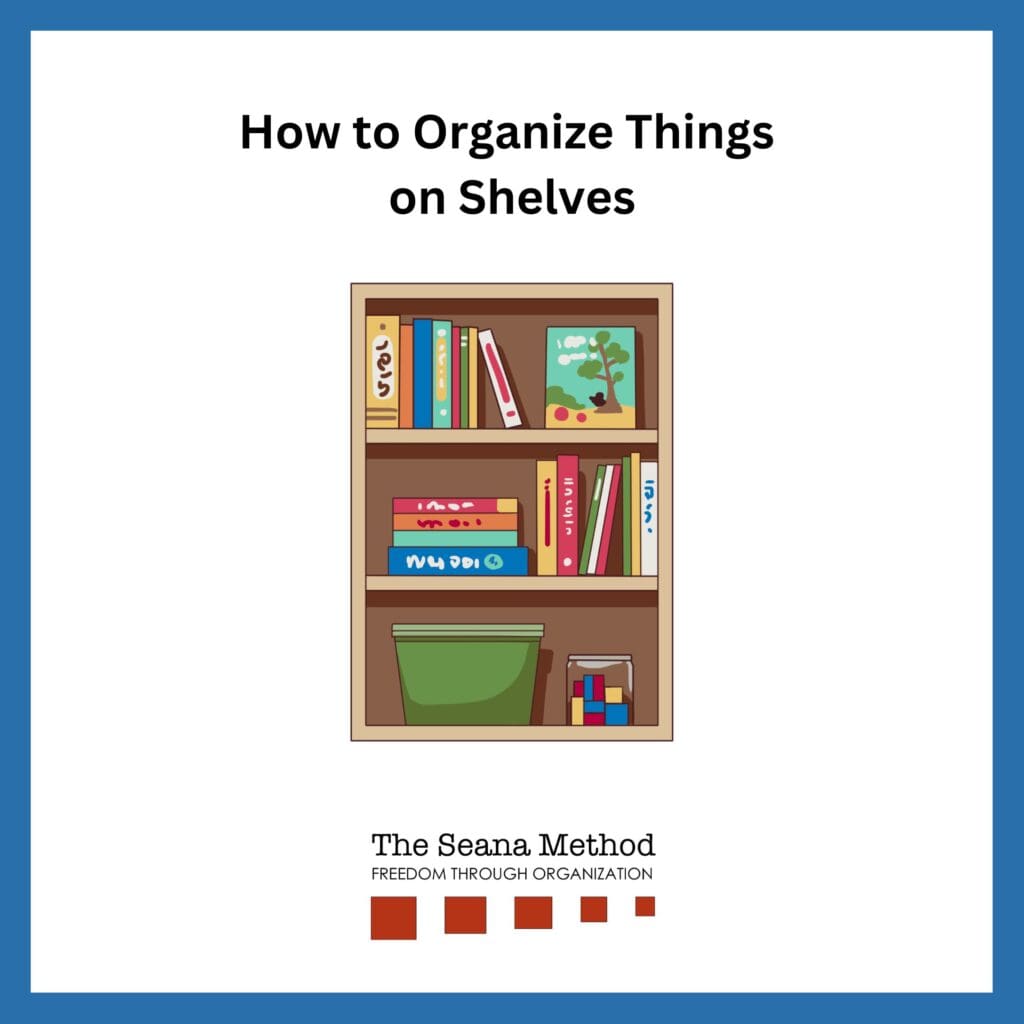 How to Organize Things on Shelves Image of a bookshelf with 3 shelves holding books, a piece of art and a bin.