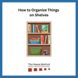 How to Organize Things on Shelves Image of a bookshelf with 3 shelves holding books, a piece of art and a bin.