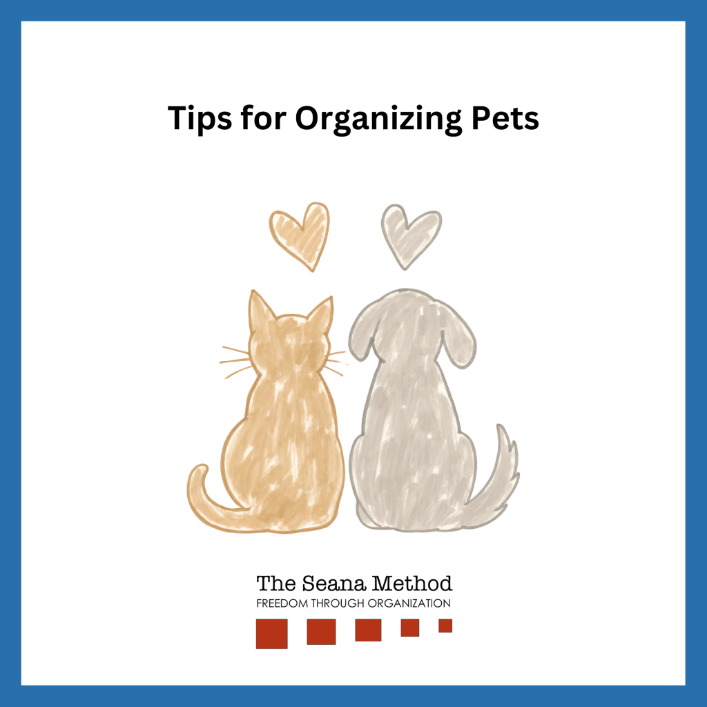 Tips for Organizing Pets. Simple drawing of a brown cat and a gray dog from behind, each with a heart of matching color over their head