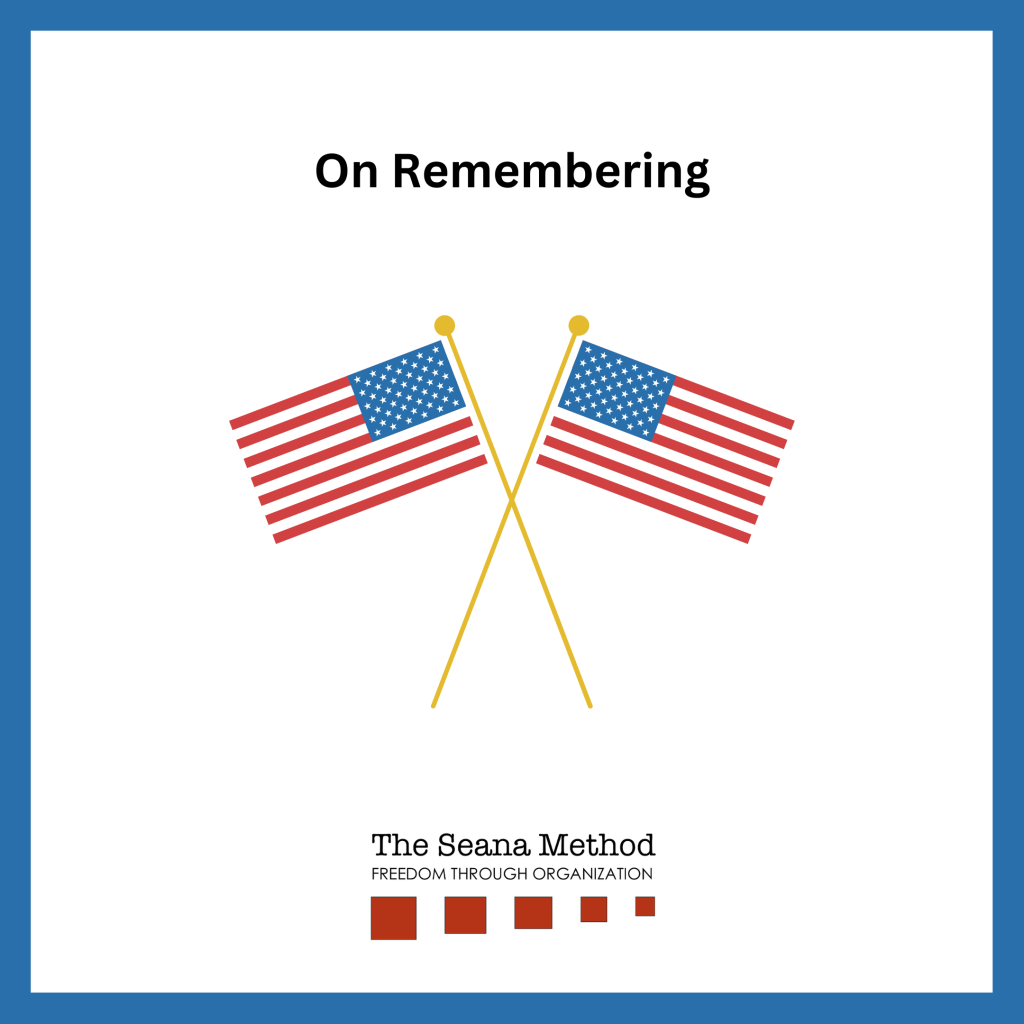 On Remembering. A graphic of two American flags
