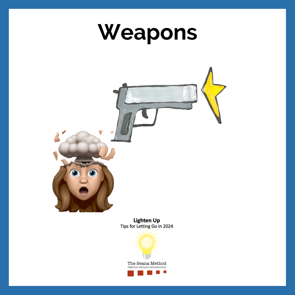 Picture of a gun shooting, with a female memoji with a cloud exploding out of her head. Lighten Up! Tips for Letting Go in 2024 – Weapons