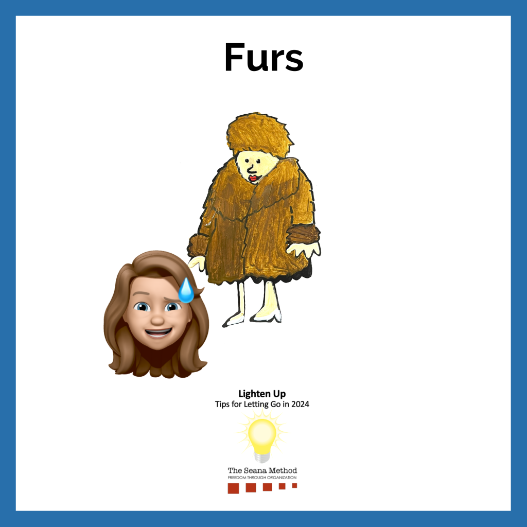 Drawing of a woman in a fur coat, female memoji sweating. Lighten Up! Tips for Letting Go in 2024 – Furs