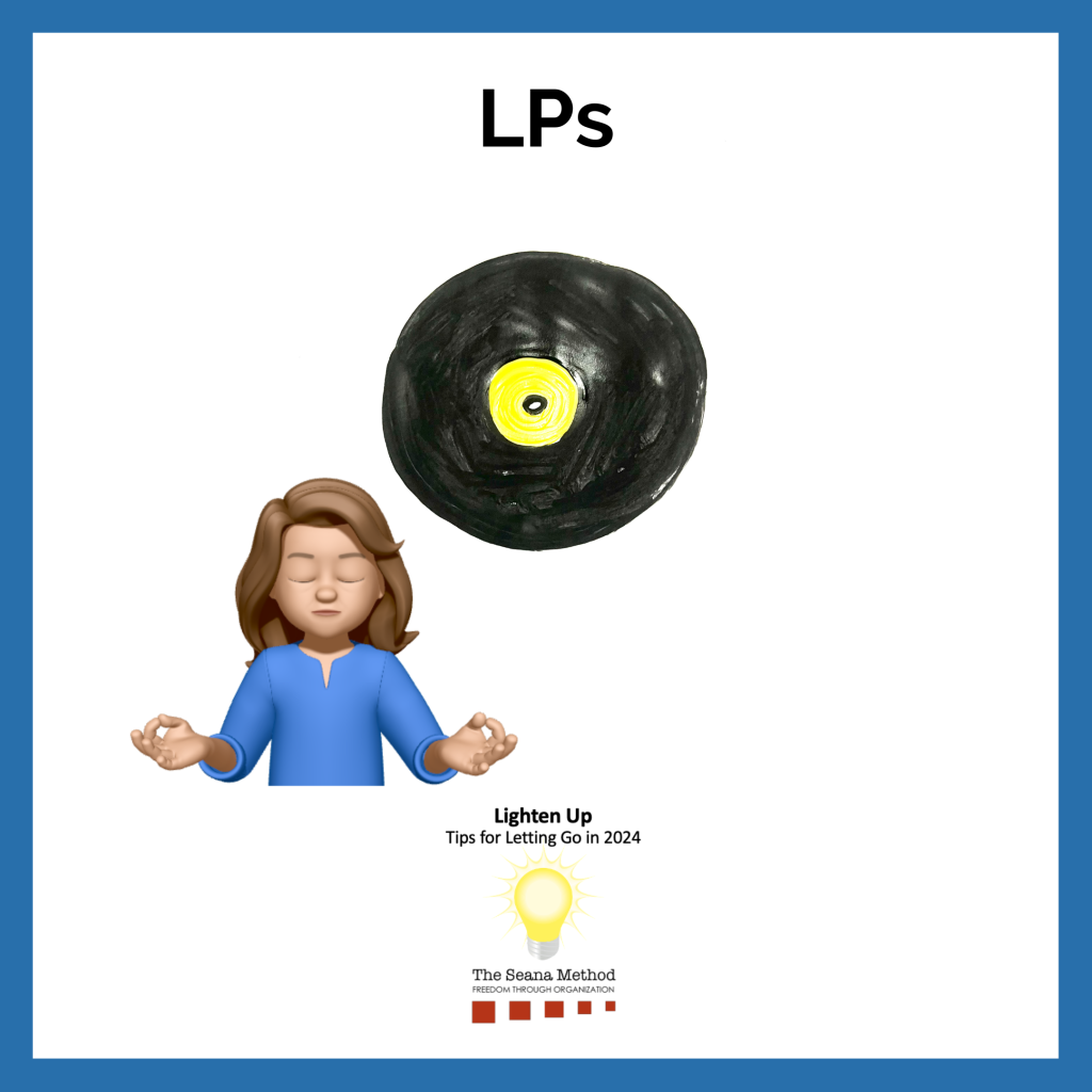 Drawing of an LP, female memoji with her hands folded at her sides meditating, Lighten Up! Tips for Letting Go in 2024 – LPs