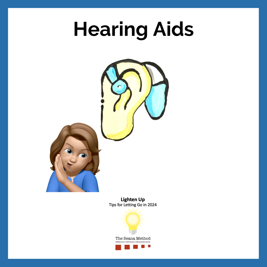 Artistic rendering of an ear with a hearing aid. Female memoji whispering. Lighten Up! Tips for Letting Go in 2024 – Hearing Aids