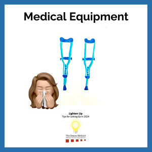 Crutches with a female memoji blowing her nose. Medical Equipment