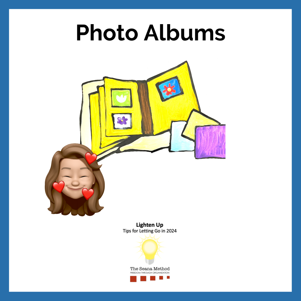Hand holding a photo album, female memoji with hearts around her face. Lighten Up! Tips for Letting Go in 2024 – Photo Albums
