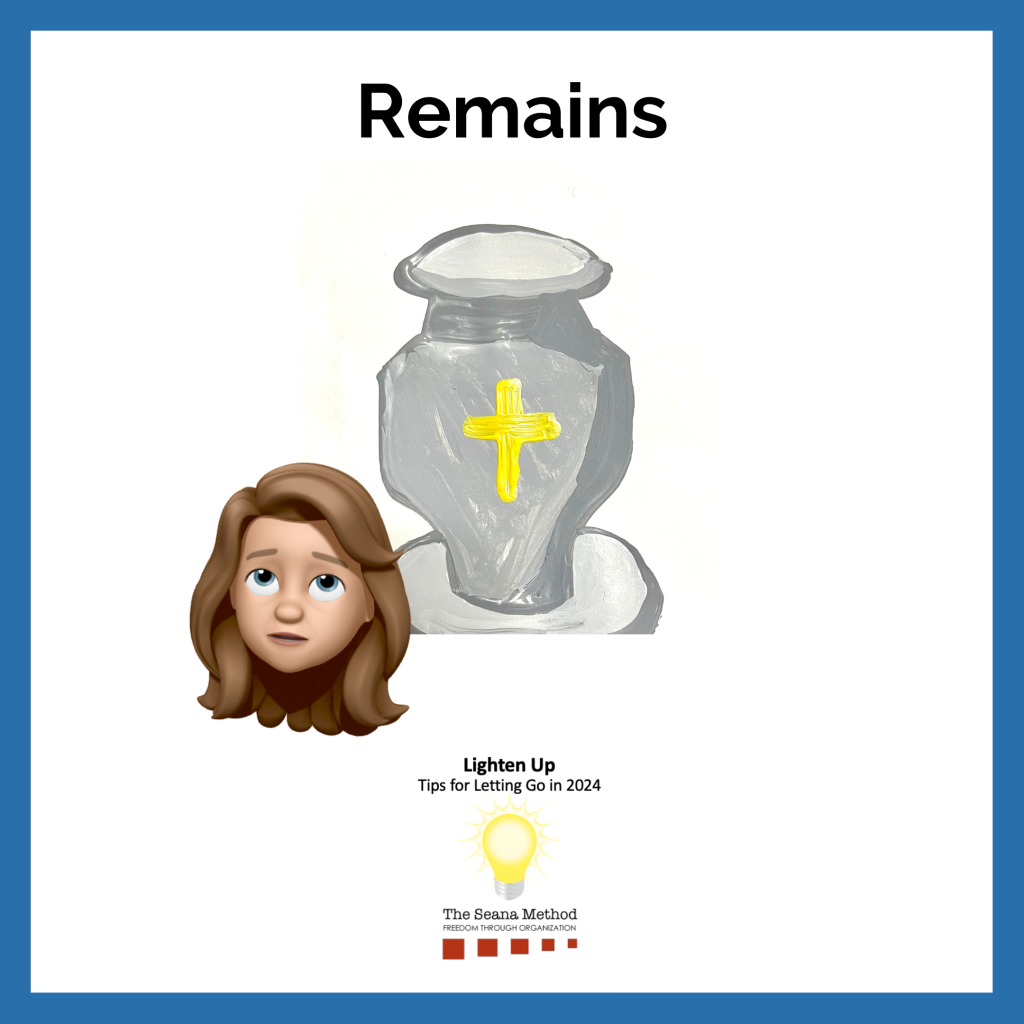 Urn with a cross on it, female memoji looking somber. Lighten Up! Tips for Letting Go in 2024 – Remains & Ashes