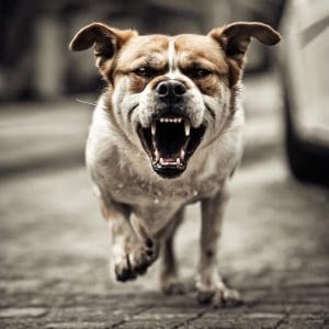Image of a dog, baring his teeth, running towards the camera.