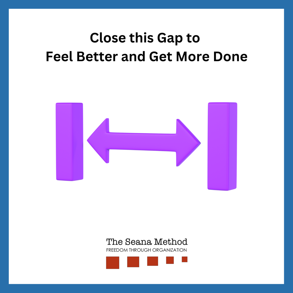 A double arrow pointing at two vertical lines and the words Close this Gap To Feel Better and Get More Done