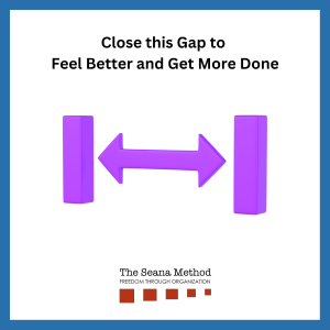 A double arrow pointing at two vertical lines and the words Close this Gap To Feel Better and Get More Done