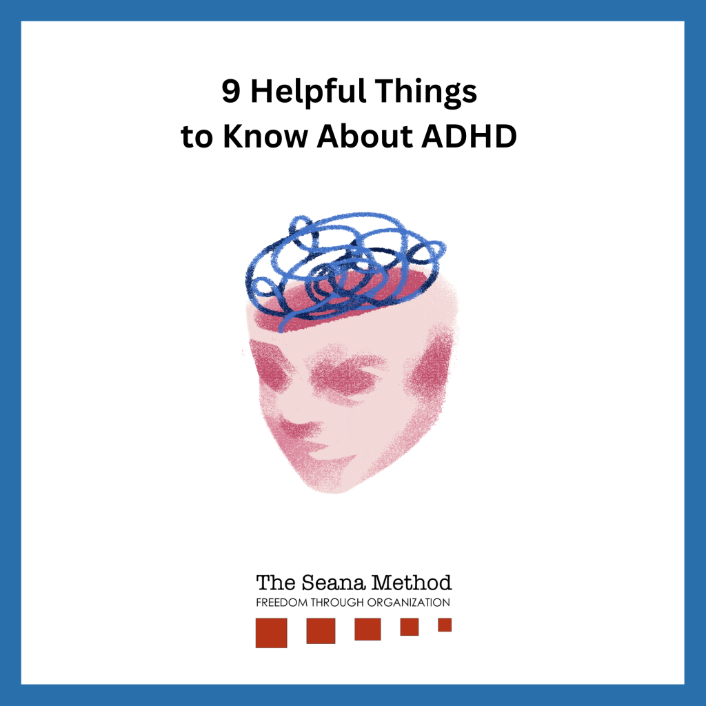A drawing of a head with the top opened up to see strings of confusion in the brain and the words ( Helpful Things to Know about ADHD