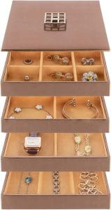 Stackable jewelry box made of boxes that stack upon each other with a decorative lid.