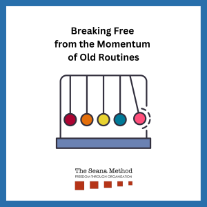 Picture of an abacus with one ball swinging loose to the right side and the words Breaking Free from the Momentum of Old Routines