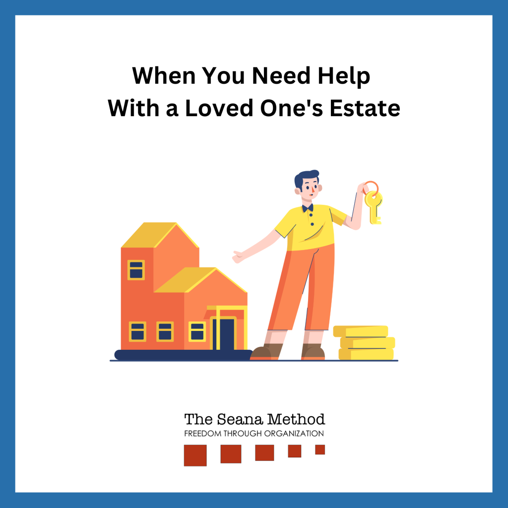 Graphic image of a man holding keys, next to a stack of paperwork and a house with the words When you need help with a loved one's estate