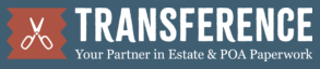 Transference logo, blue background and a graphic of scissors cutting red tape.
