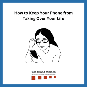 Illustration of a woman with her hand on her glasses looking at her cell phone. How to Keep Your Phone from Taking Over Your Life