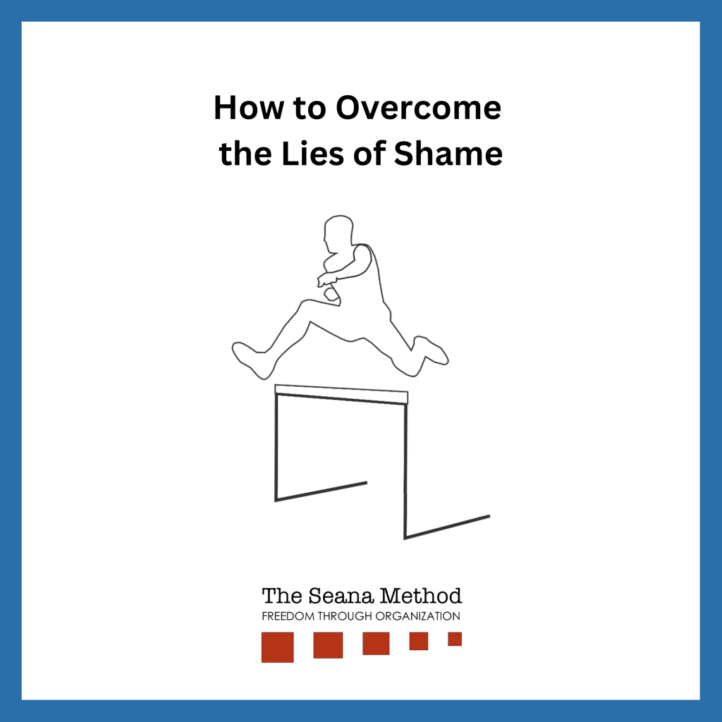 Black and white illustration of a man jumping over a high hurdle and the words How to Overcome the Lies of Shame