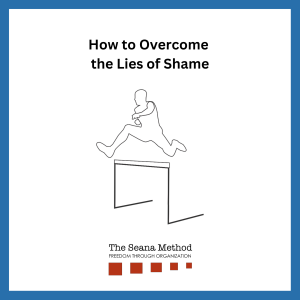 Illustration in black of a man jumping over a high hurdle and the words How to Overcome the Lies of Shame.