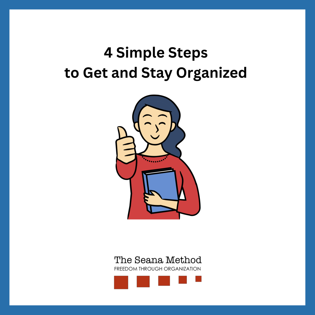 4 Simple Steps to Get and Stay Organized. Woman with dark hair and a red shirt holding a thumbs up.