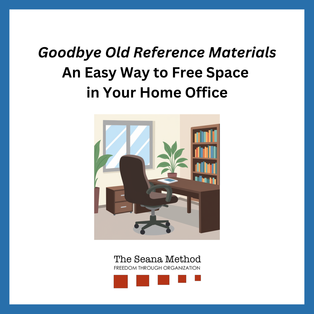Goodbye Old Reference Materials - An Easy Way to Free Space In Your Home Office. Image of a brown desk with a chair in front of it and a green plant and bookcase full of colorful books in the background.