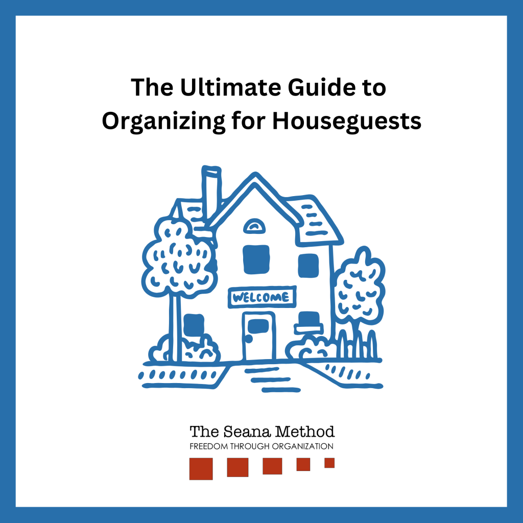 The Ultimate Guide to Organizing for Houseguests. Blue inked drawing of an appealing home with trees and shrubs.