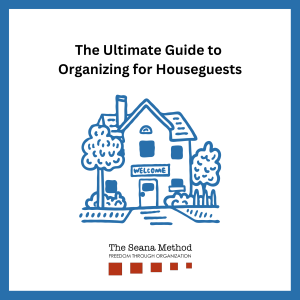 The Ultimate Guide to Organizing for Houseguests. 
Blue inked drawing of an appealing home with trees and shrubs.