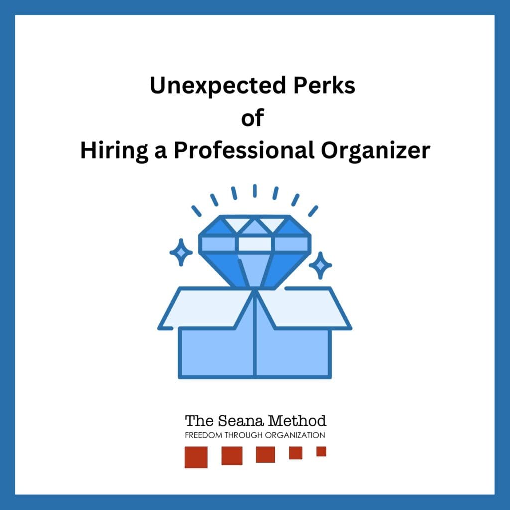 Illustration of a box with a blue "diamond" coming out of it. Unexpected Perks of Hiring a Professional Organizer.