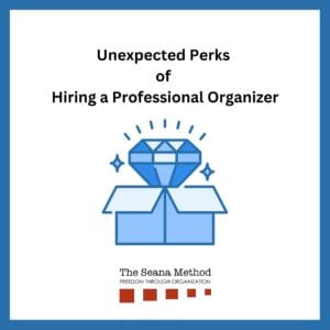 Unexpected Perks of Hiring a Professional Organizer. Illustration of a box with a blue "diamond" coming out of it. 