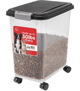 Plastic pet food container on casters with a black lid.